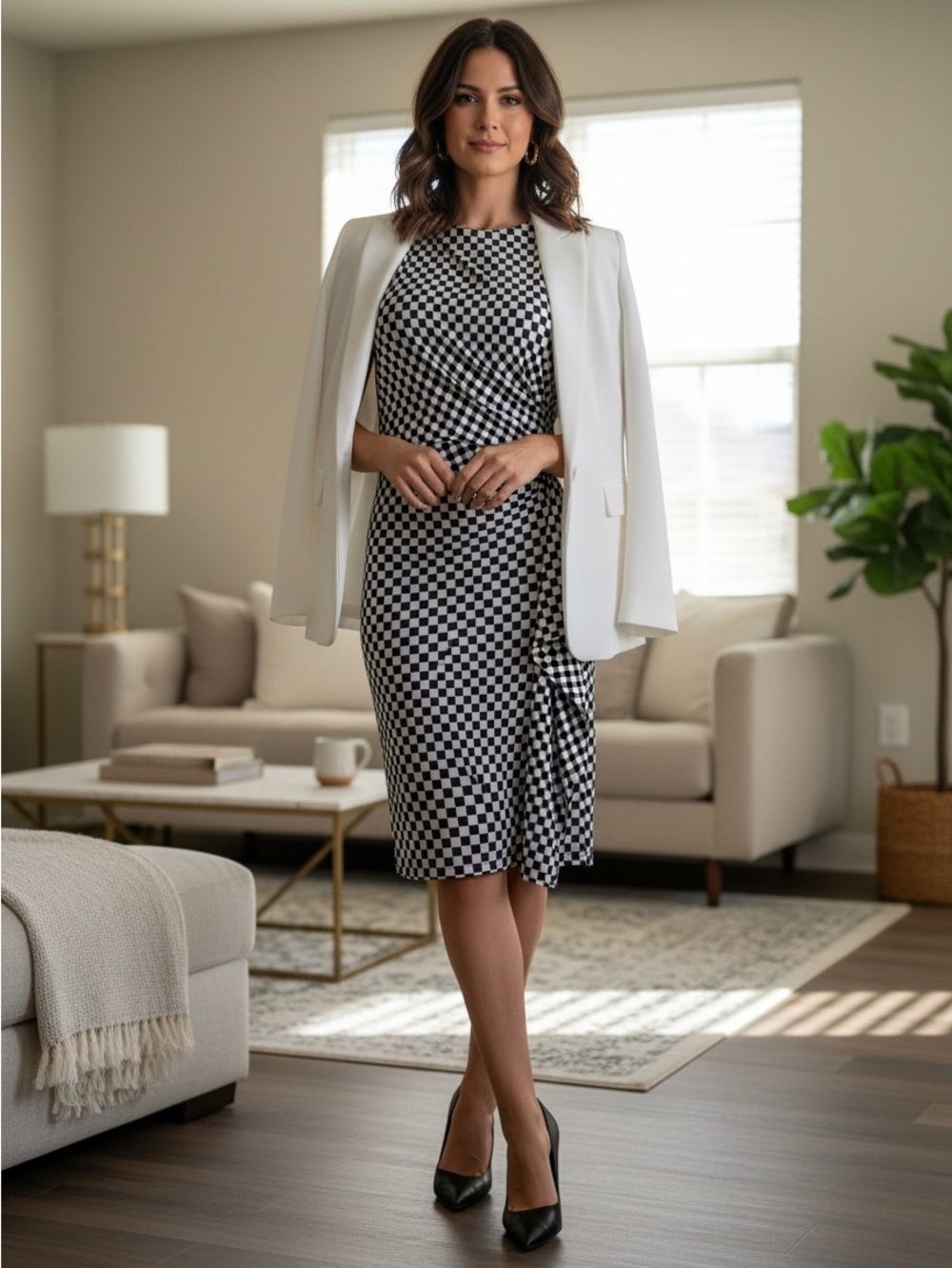 Michael Kors Ruched Check Dress Black White XXS